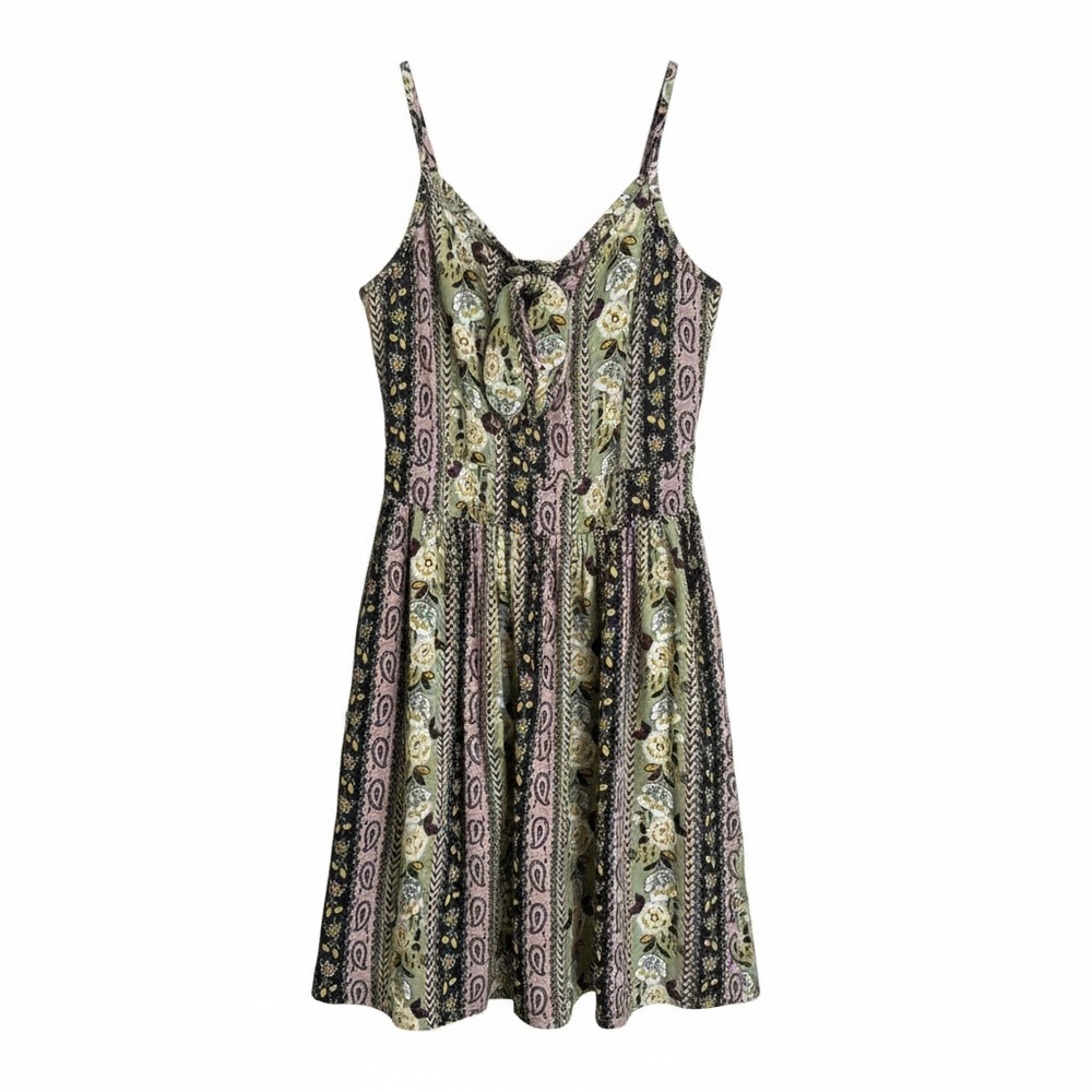 SHEIN Olive Green Multi-Print Floral Paisley Tie Accent Spaghetti Strap Romper